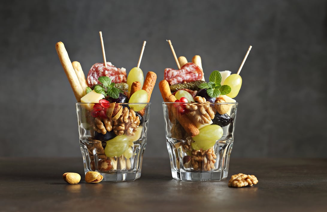 Appetizer Charcuterie Cups.  Jarcuterie trend. Individual Appetizers for Social Distancing.